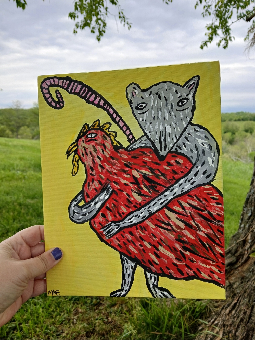 Possum Holding Chicken Painting Folk Art